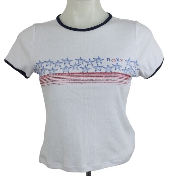 Roxy Americana Stars and Stripes Short Sleeve T-Shirt Top Bright White Small NWT - Picture 1 of 7